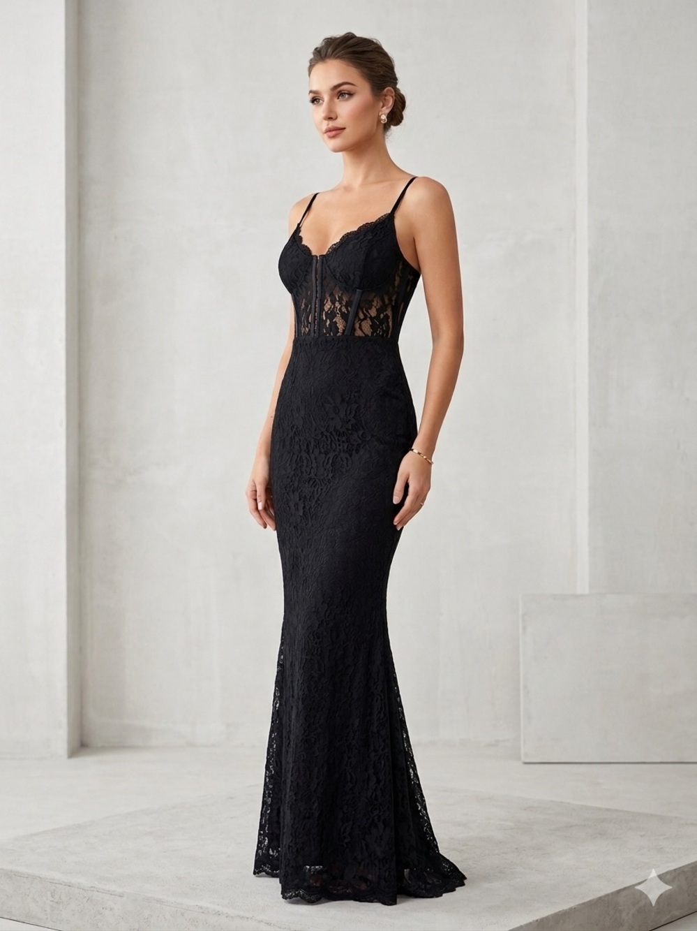 AQUA Black Lace Corset Bustier Maxi Dress Gown Size L